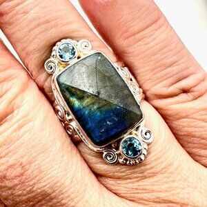 Sajen Womens Ring Labradorite Blue Topaz Sterling Silver Adjustable Designer